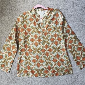 Vintage Talbots Psychedelic Butterfly Orange Blue Cream Bell Sleeve silk Blouse